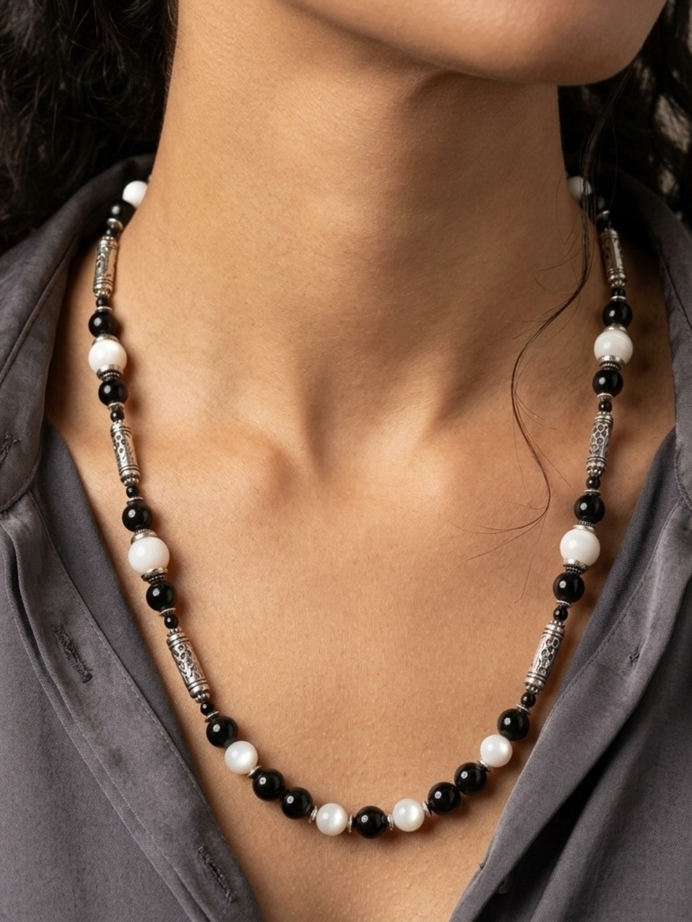 Source Unknown Black & White Beaded Necklace with Silver-Tone Filigree Bohemian